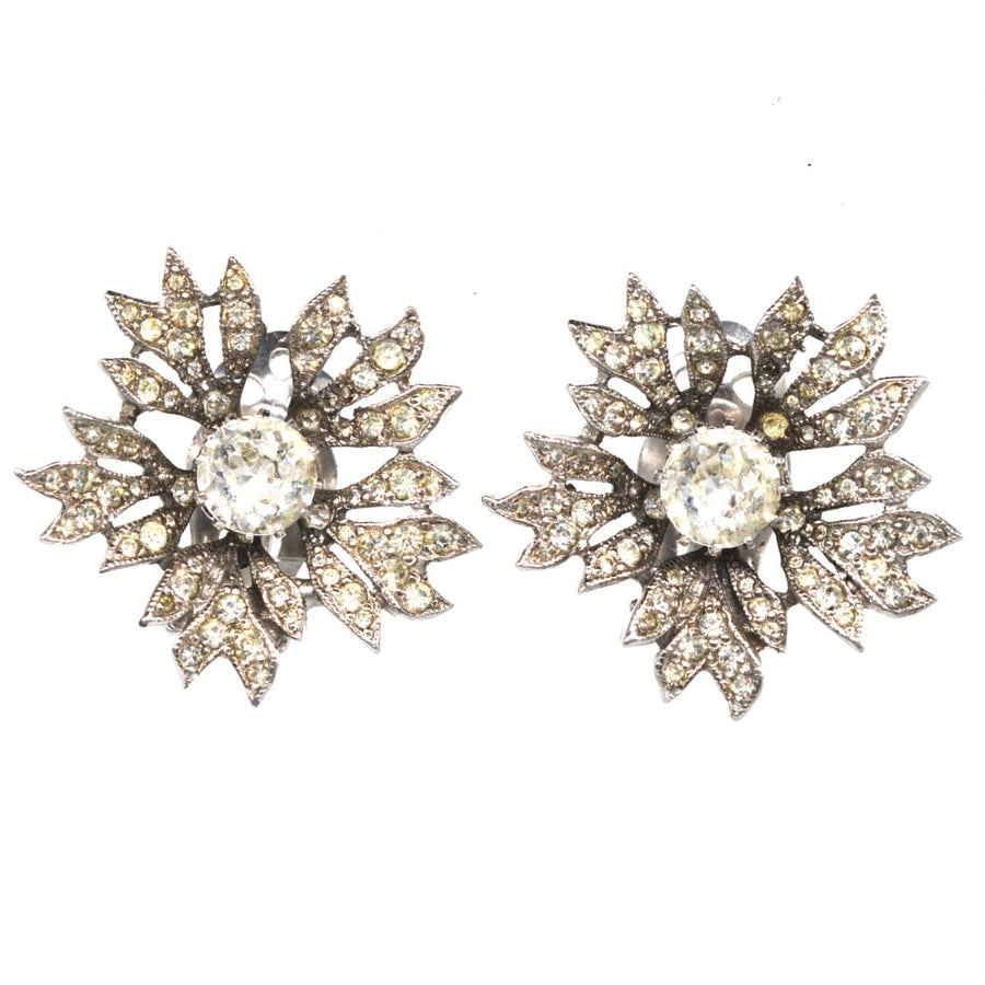 Vintage Christian Dior 1950s paste flower earrings with sparkling stones, perfect for antique jewelry collectors.