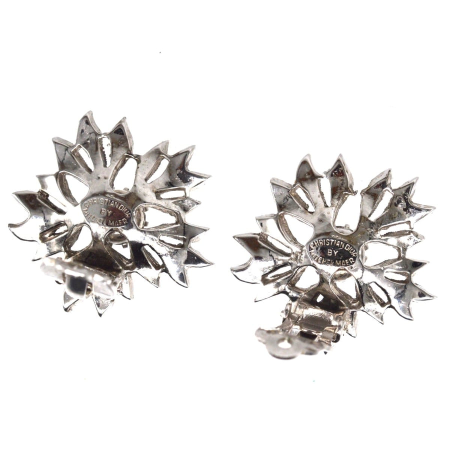 1950s Christian Dior paste flower earrings by Mitchel Maer, featuring rhodium-plated base and antique charm.