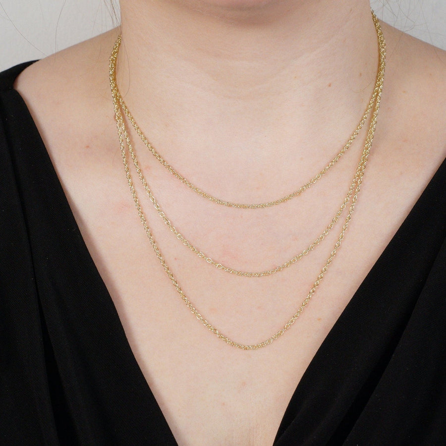 Contemporary 9ct yellow gold Prince of Wales rope chain worn on a model, showcasing its elegant design and craftsmanship.