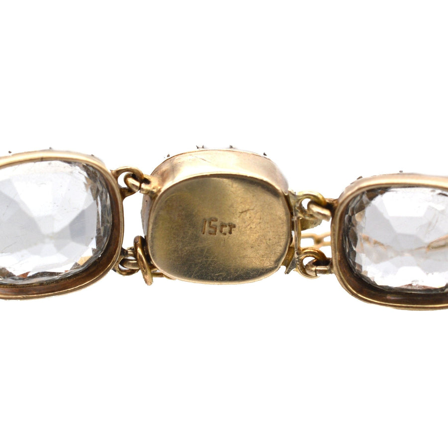 Close-up of Early Victorian 15ct gold bracelet featuring rock crystal collet settings, dated 1830s-1850s.
