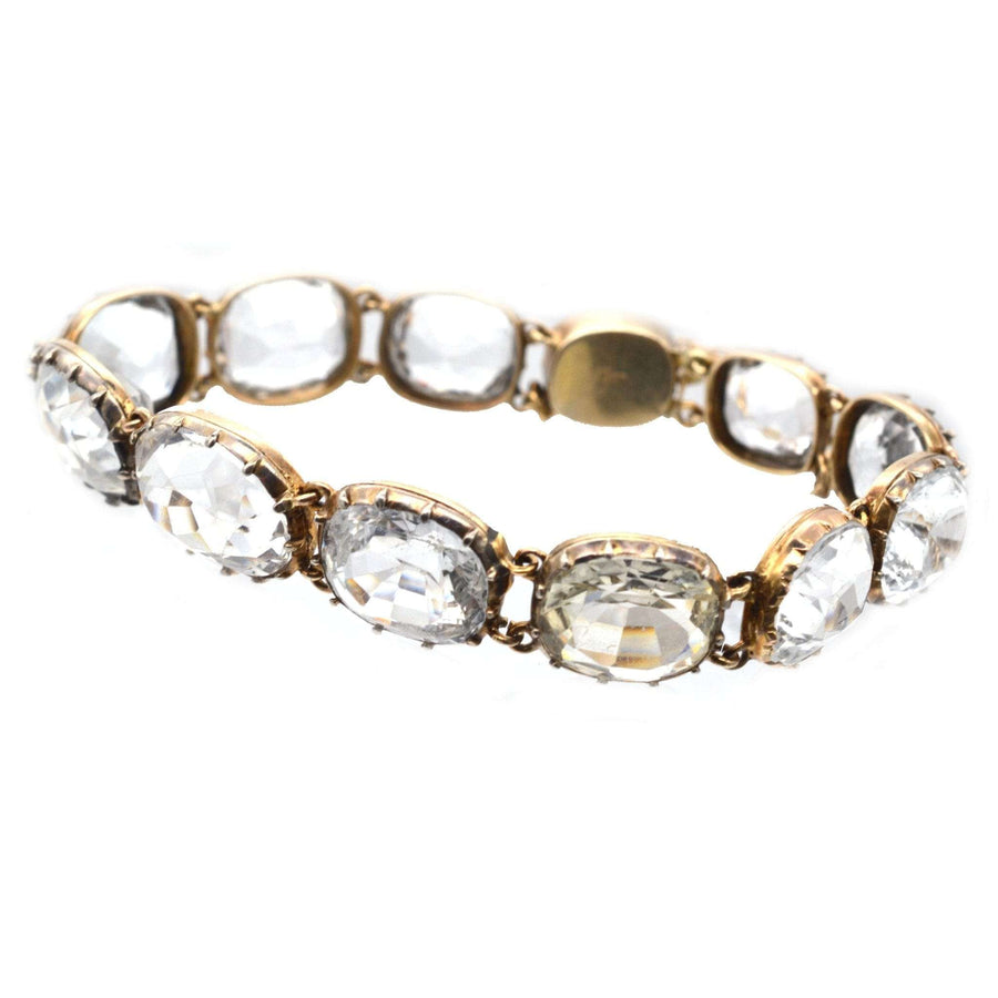 Early Victorian 15ct gold bracelet featuring sparkling rock crystals in a collet setting, dating from 1830s-1850s.
