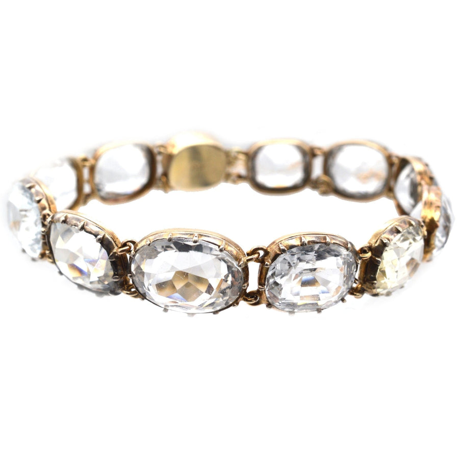 Early Victorian 15ct gold bracelet with rock crystal collet setting, circa 1830s-1850s, shimmering stones reflecting light.