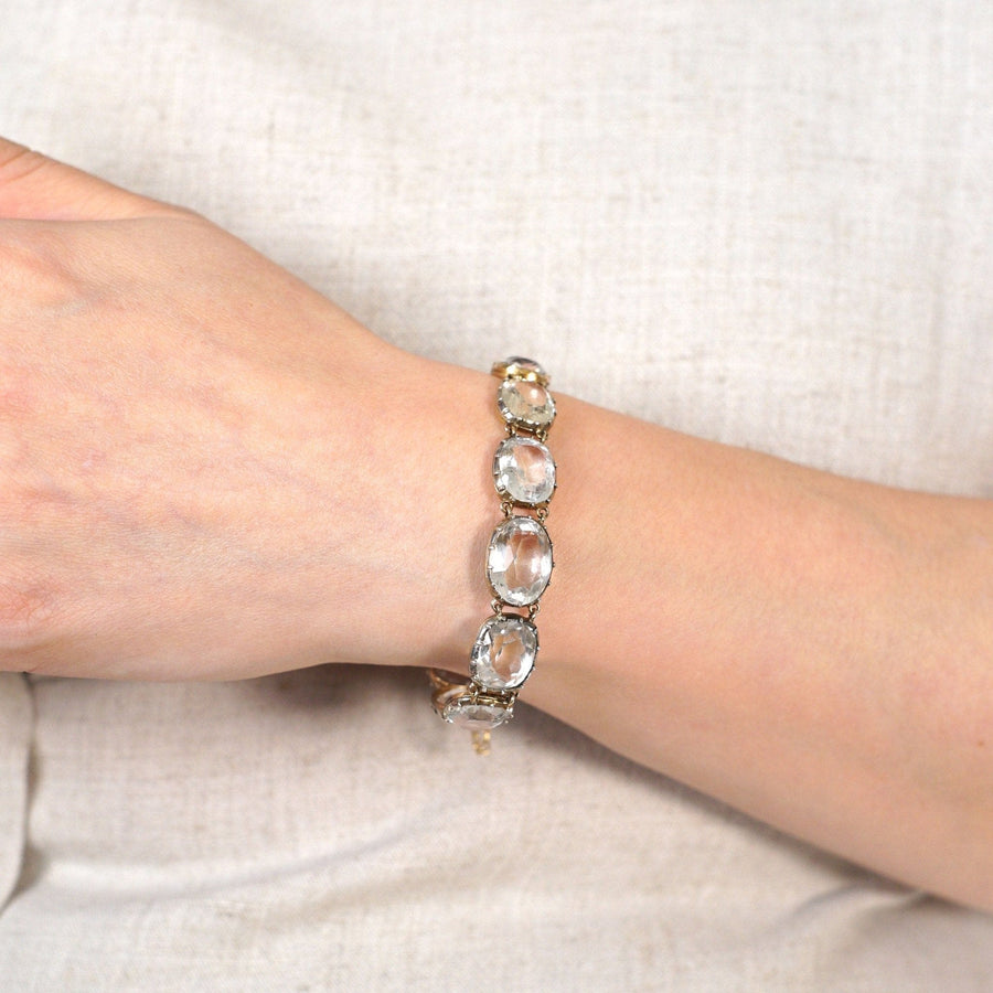 Early Victorian 15ct gold bracelet with rock crystals in collet setting, showcasing stunning light refraction.
