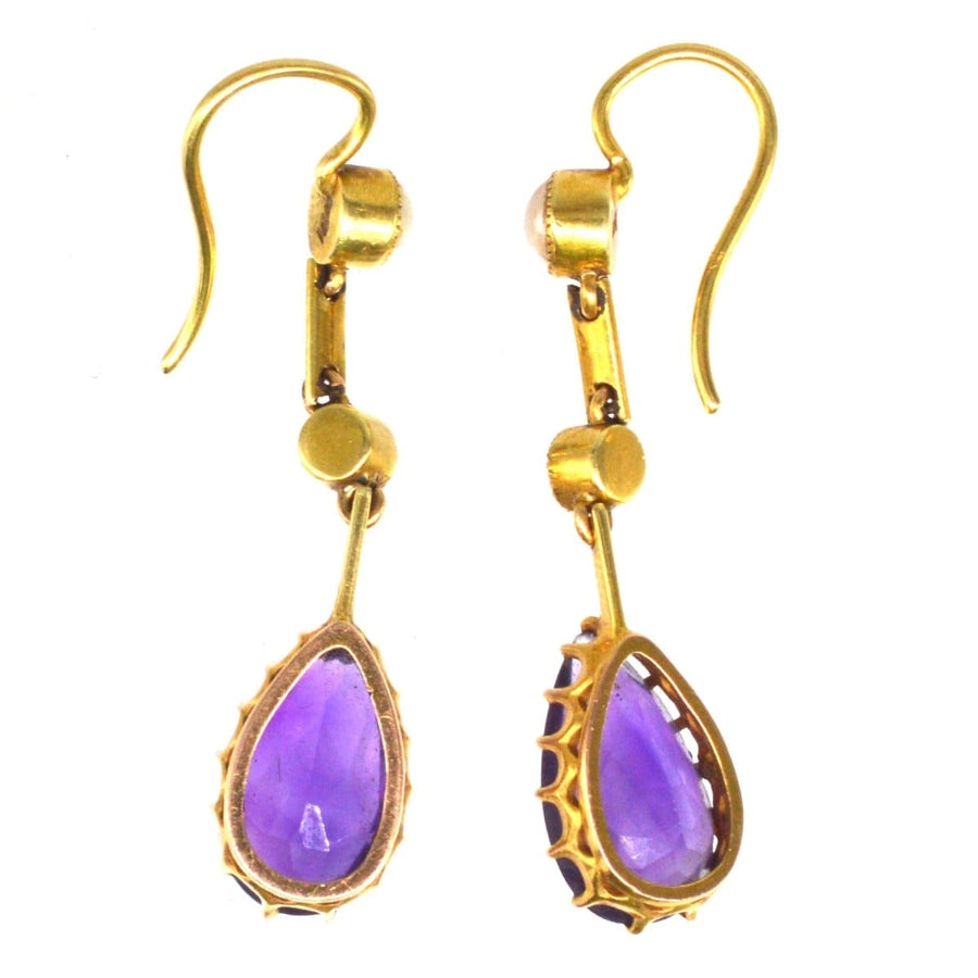 Edwardian 15ct Gold Amethyst and Split Pearl Gold Drop Earrings | Parkin and Gerrish | Antique & Vintage Jewellery