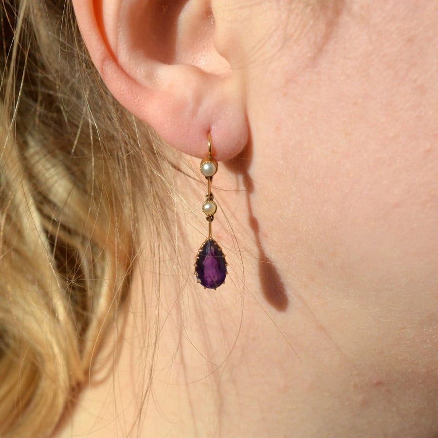 Edwardian 15ct Gold Amethyst and Split Pearl Gold Drop Earrings | Parkin and Gerrish | Antique & Vintage Jewellery