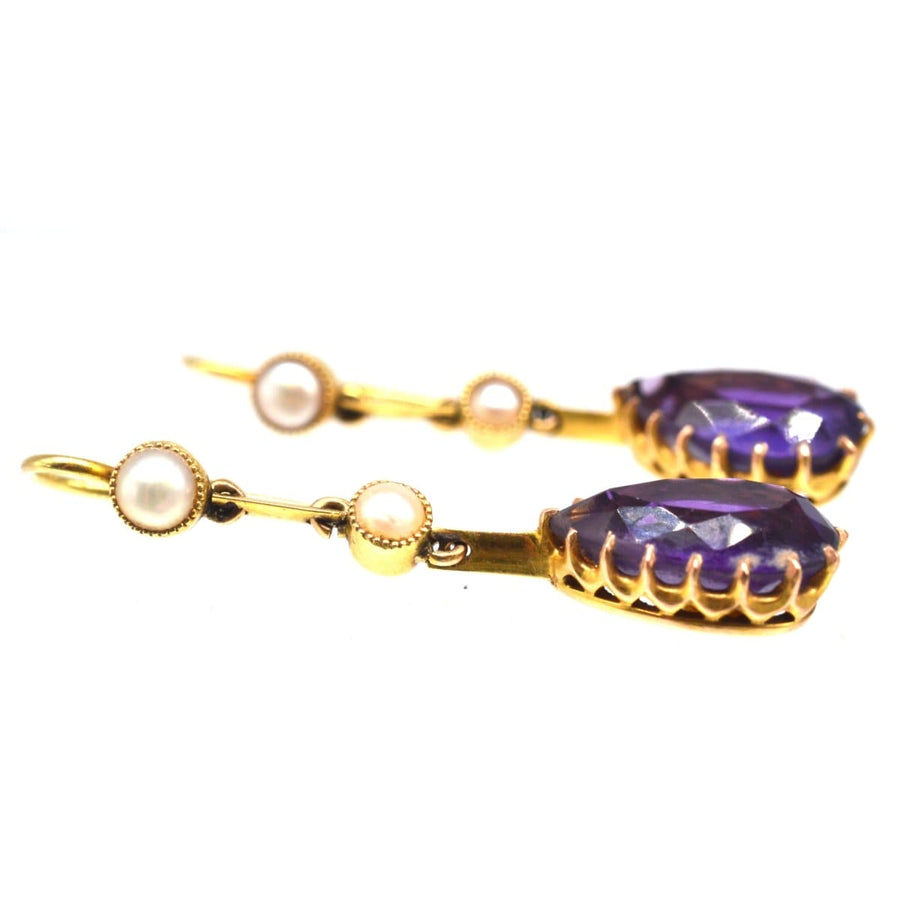 Edwardian 15ct Gold Amethyst and Split Pearl Gold Drop Earrings | Parkin and Gerrish | Antique & Vintage Jewellery