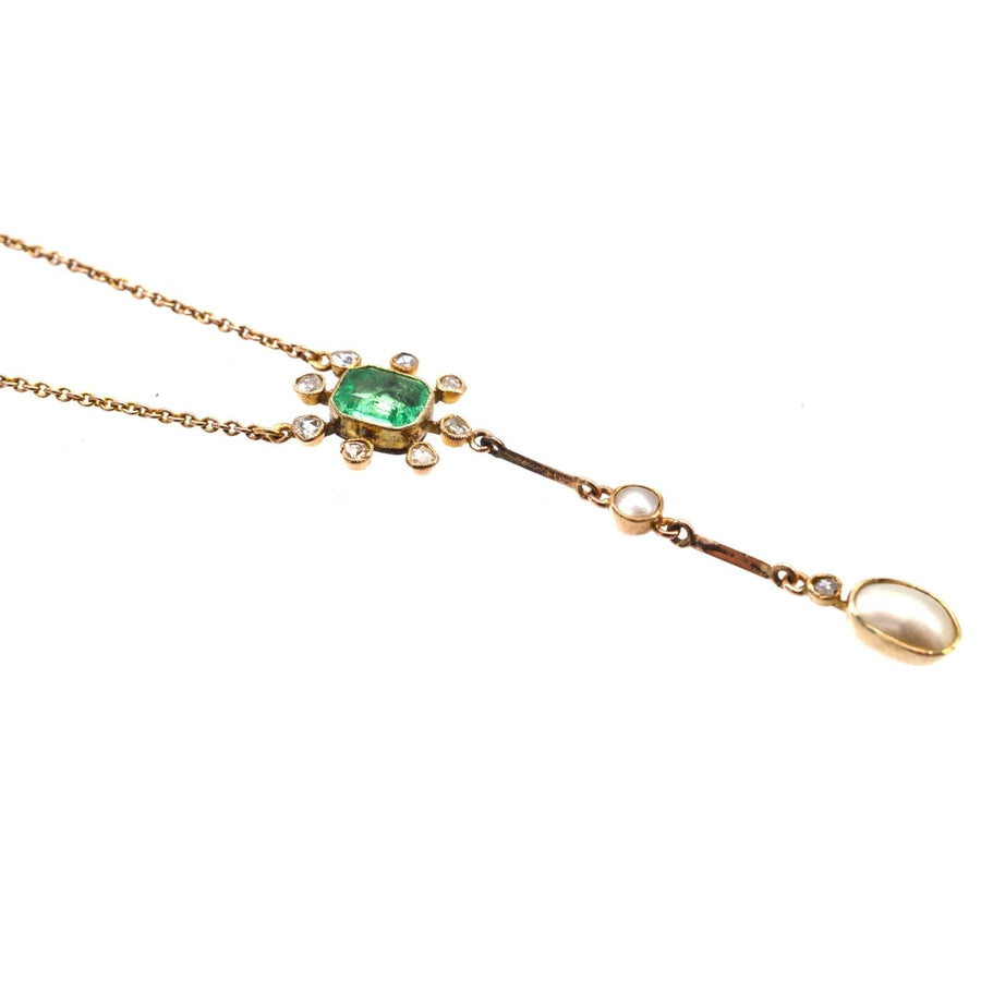 Edwardian 15ct gold pendant featuring emerald, rose cut diamonds, and natural pearl drop on 9ct gold chain.