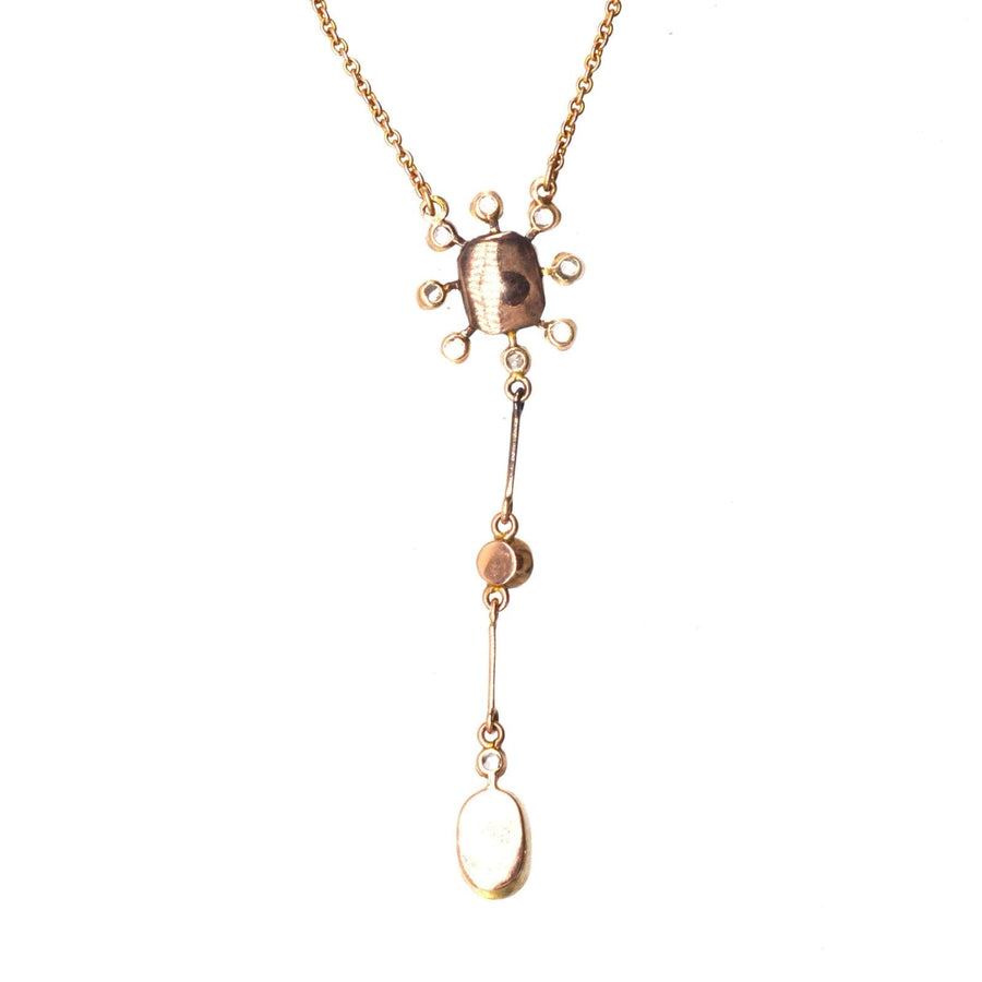Edwardian 15ct gold pendant featuring emerald and rose cut diamond cluster with natural pearl drop.
