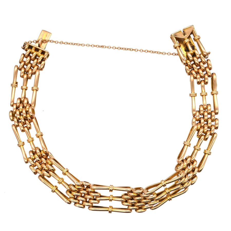 Elegant Edwardian 15ct gold gate bracelet, crafted circa 1910, perfect for any occasion, timeless and classic.