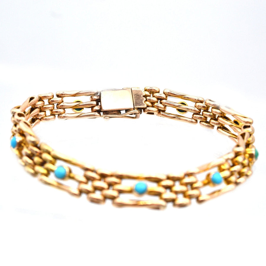 Edwardian 15ct gold gate bracelet featuring turquoise stones, timeless jewelry piece from circa 1910.