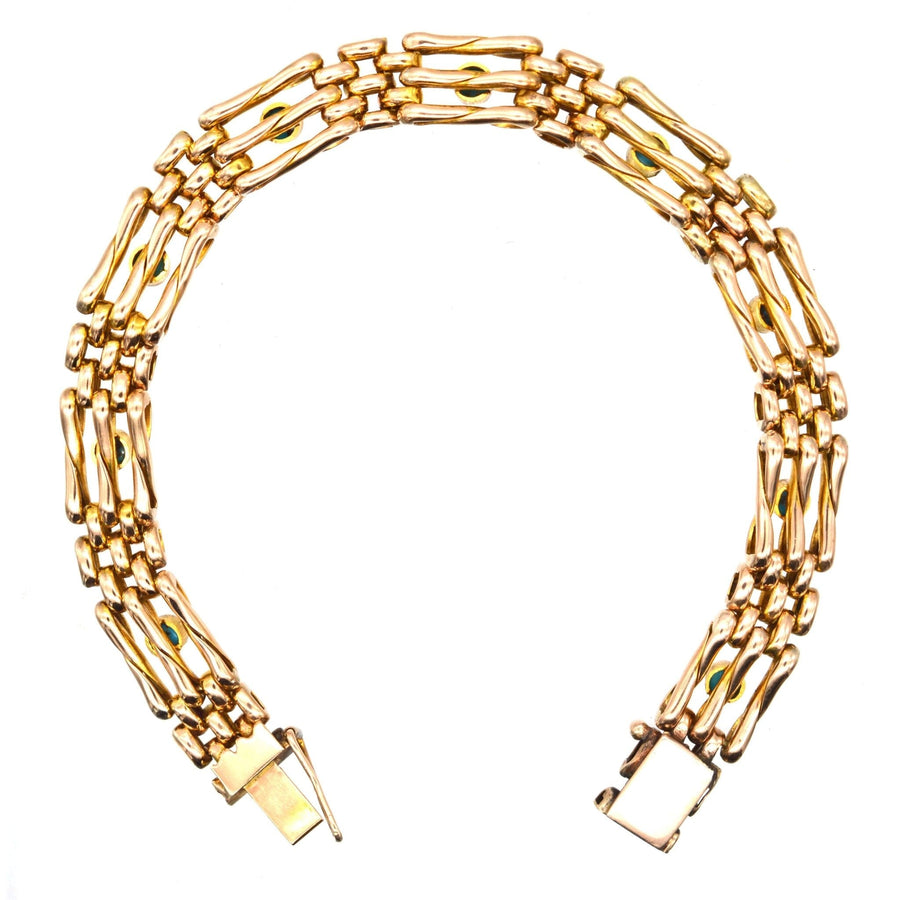 Edwardian 15ct gold gate bracelet with turquoise, vintage 1910 design, elegant and timeless jewelry piece.