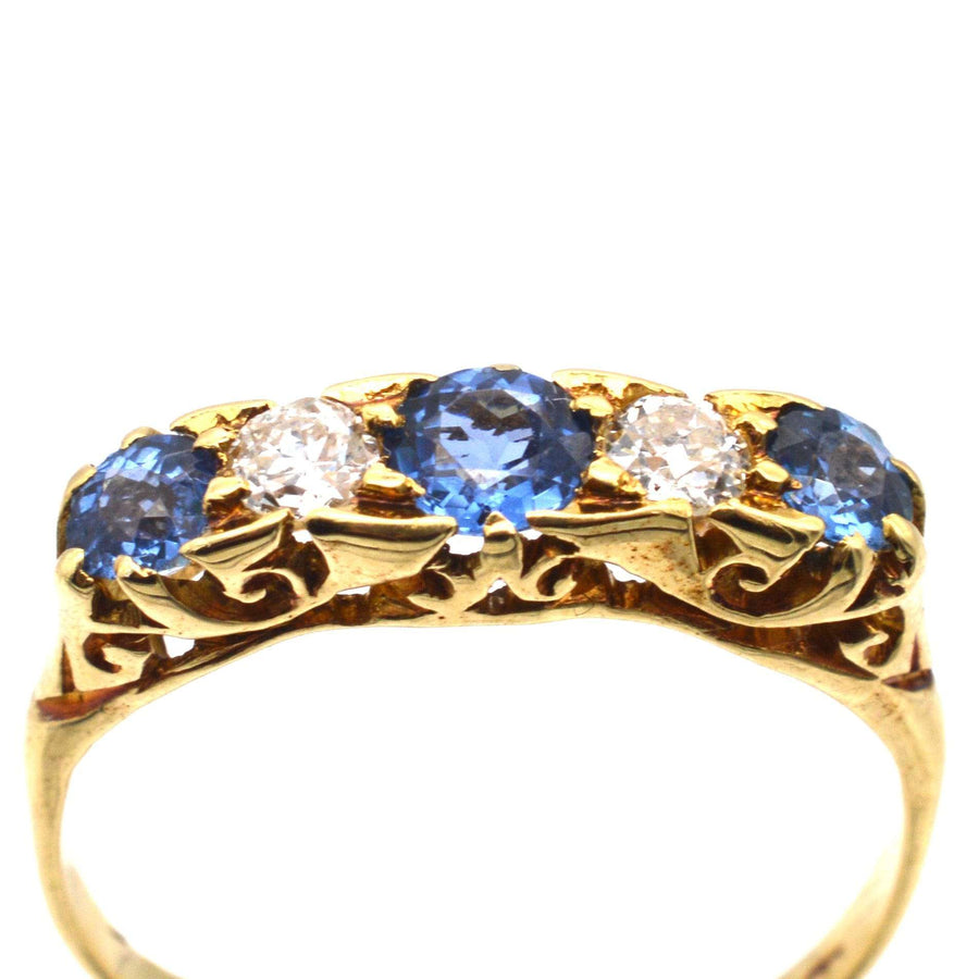 Edwardian 15ct gold five stone ring with cornflower sapphires and diamonds, elegant engagement ring.