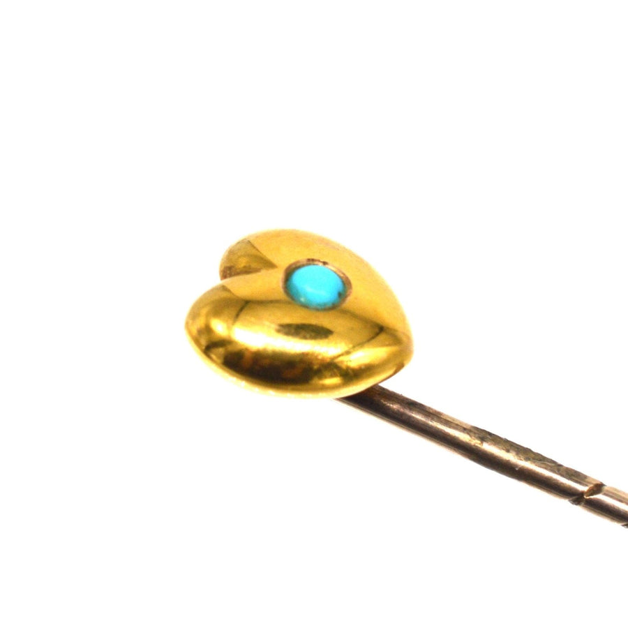 15ct gold heart pin with turquoise stone, ideal for stylish ties, symbolizing luck and protection.