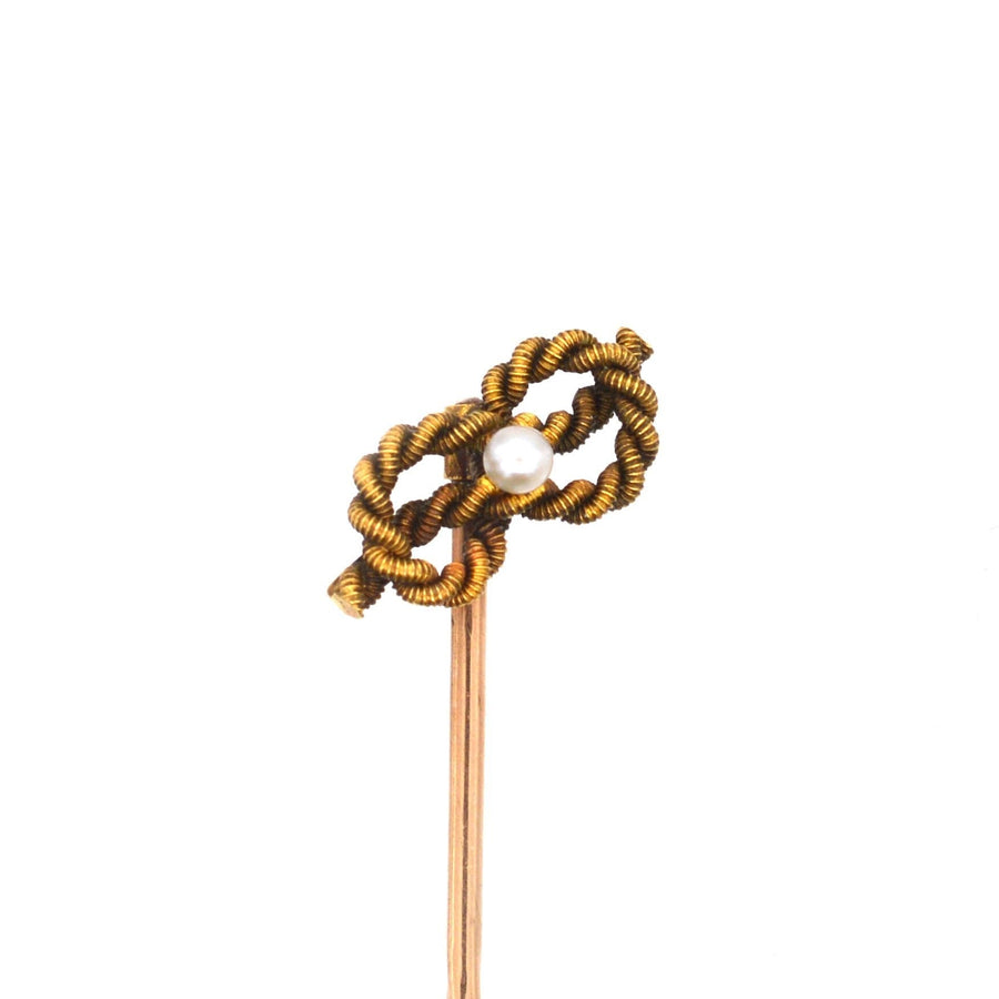 Edwardian 15ct Gold, Lovers Knot & Natural Pearl Tie Pin | Parkin and Gerrish | Antique & Vintage Jewellery