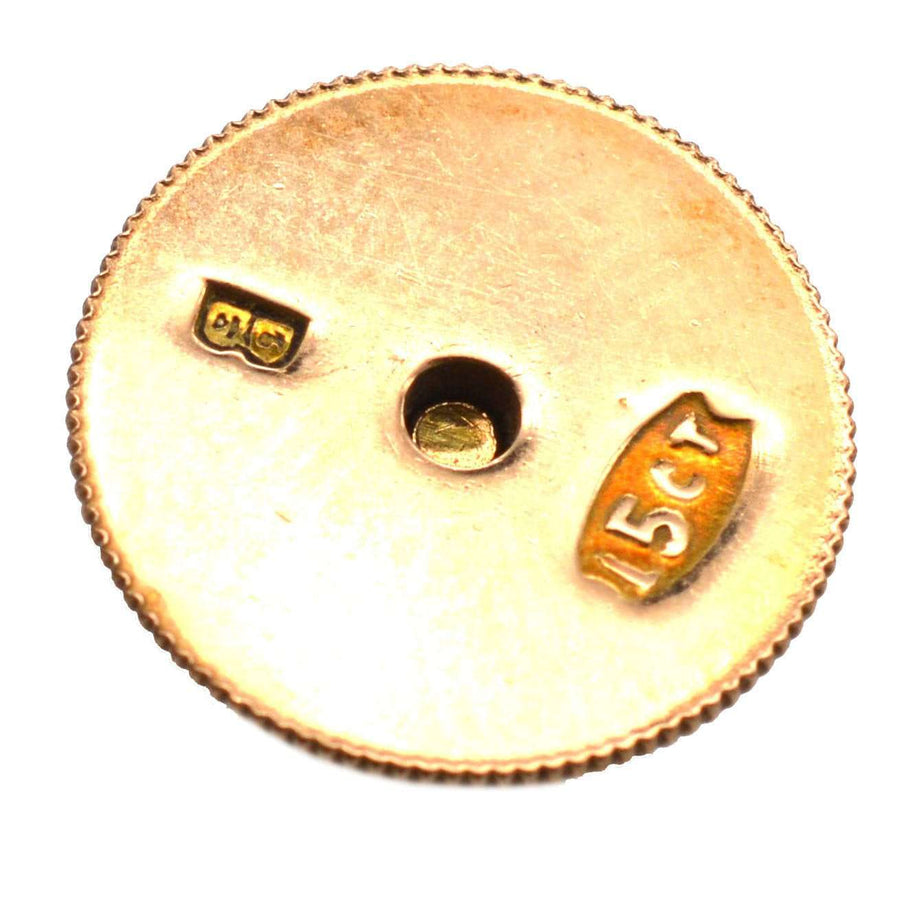15ct gold dress stud showing hallmark details and threaded hole for securing, vintage elegance in fine jewelry.