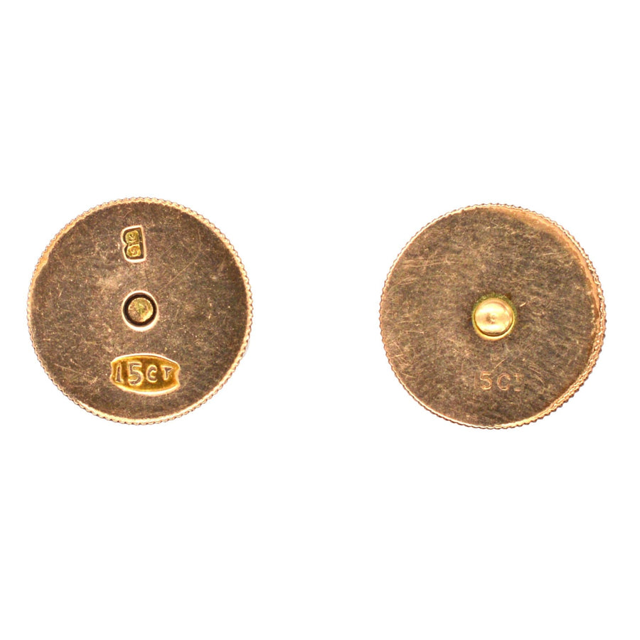 15ct gold dress studs showcasing hallmark and detail, original design by Fredrick Dixon, perfect for gentleman's attire.