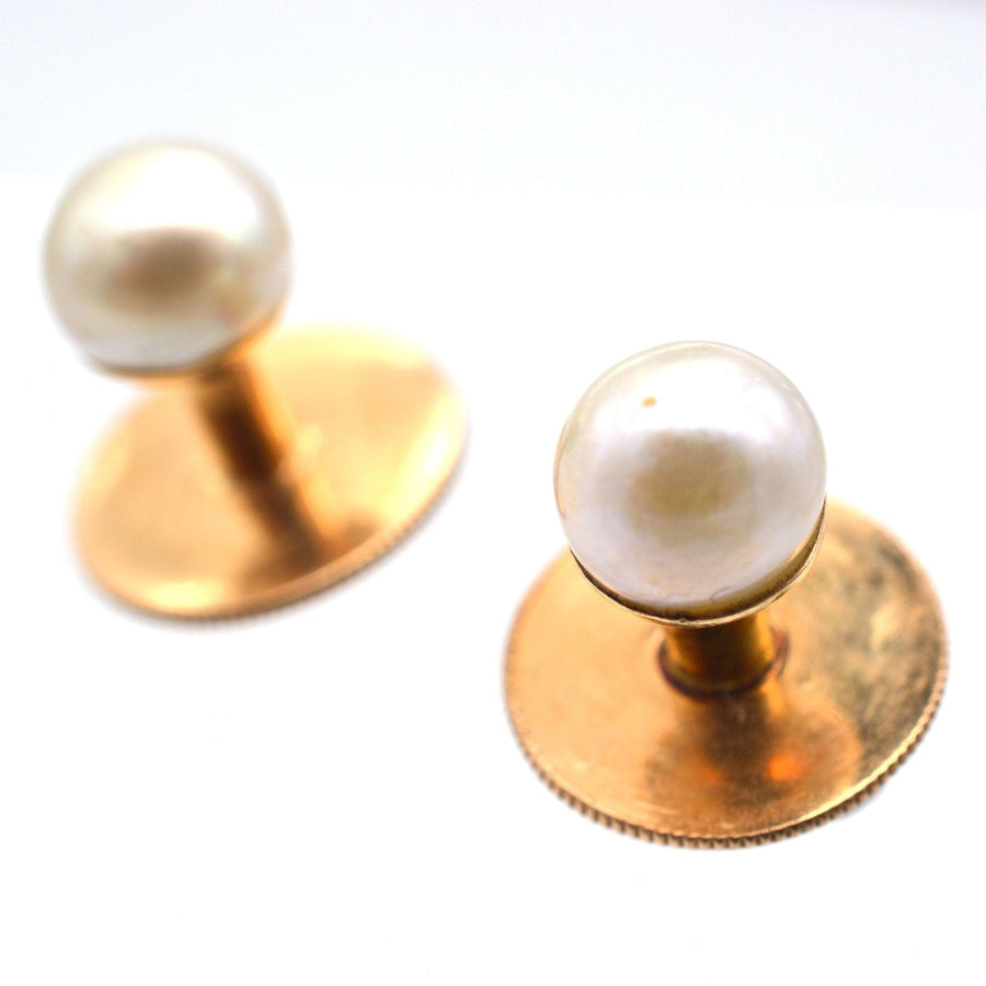 Edwardian 15ct gold natural pearl dress studs in original case, crafted by Fredrick Dixon, St Molton Street.