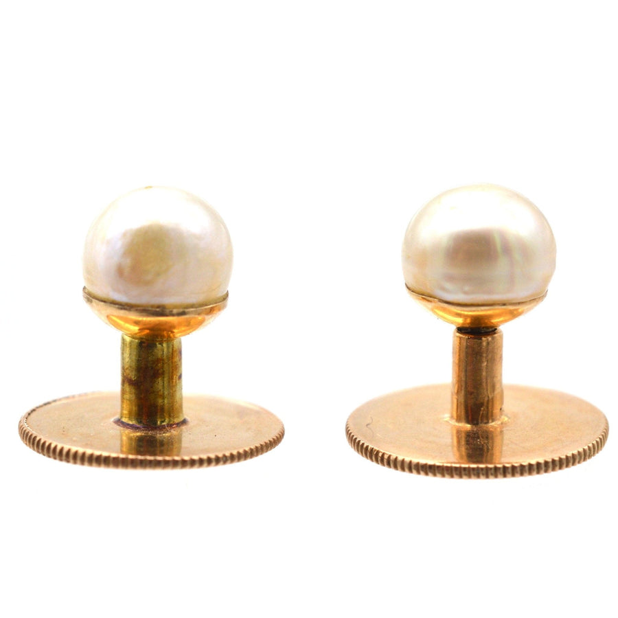 Edwardian 15ct gold natural pearl dress studs in original case by Fredrick Dixon, perfect gift for a gentleman.