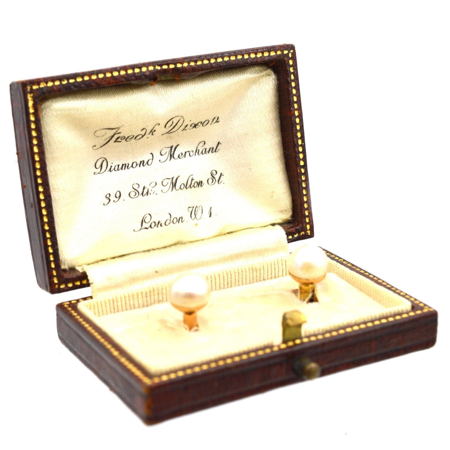 Edwardian 15ct gold natural pearl dress studs in original Fredrick Dixon case from St Molton Street, London.