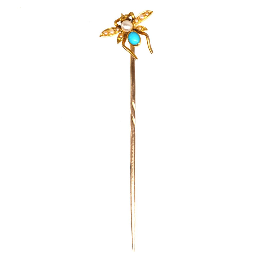 Edwardian 15ct Gold, Pearl and Turquoise Bug Tie Pin | Parkin and Gerrish | Antique & Vintage Jewellery