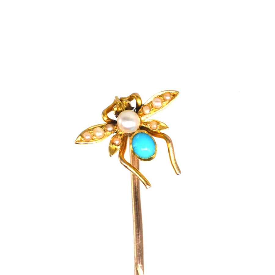 Edwardian 15ct Gold, Pearl and Turquoise Bug Tie Pin | Parkin and Gerrish | Antique & Vintage Jewellery