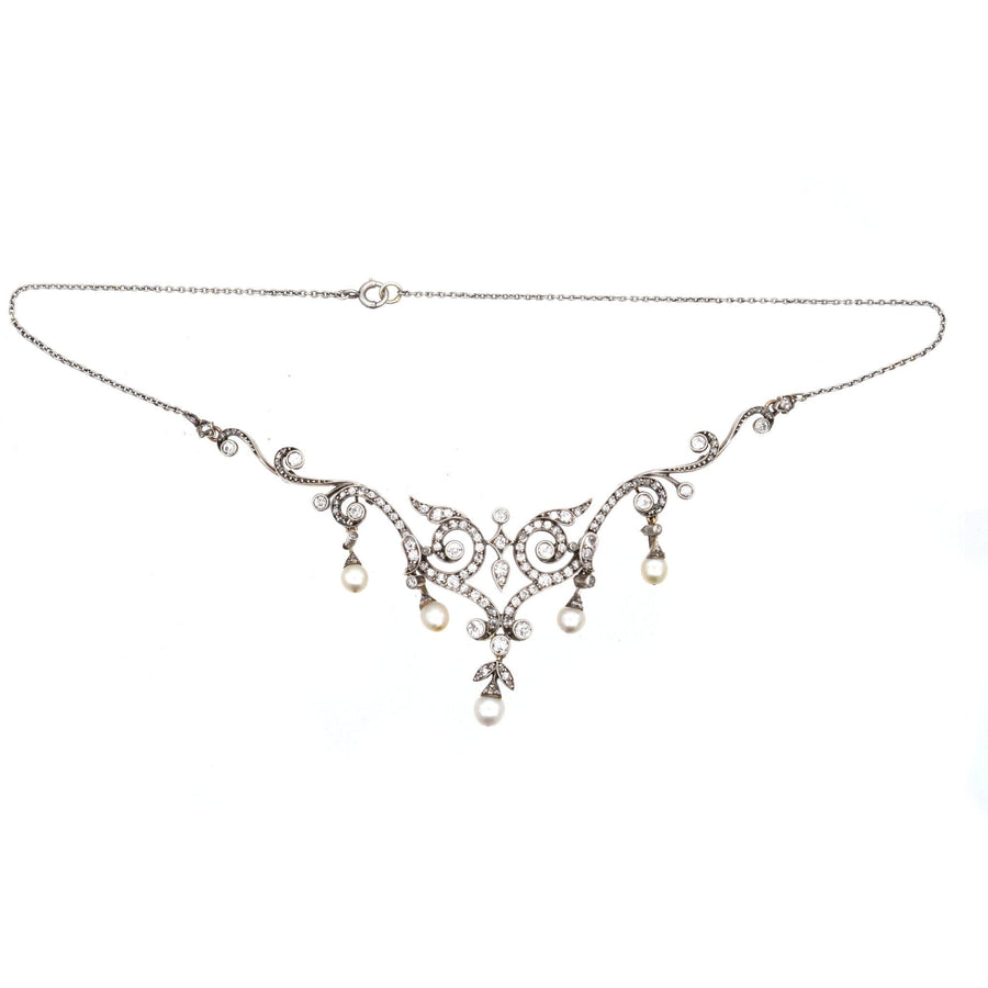 Edwardian 15ct Gold & Platinum, Natural Pearl & Diamond Necklace in Original Case | Parkin and Gerrish | Antique & Vintage Jewellery