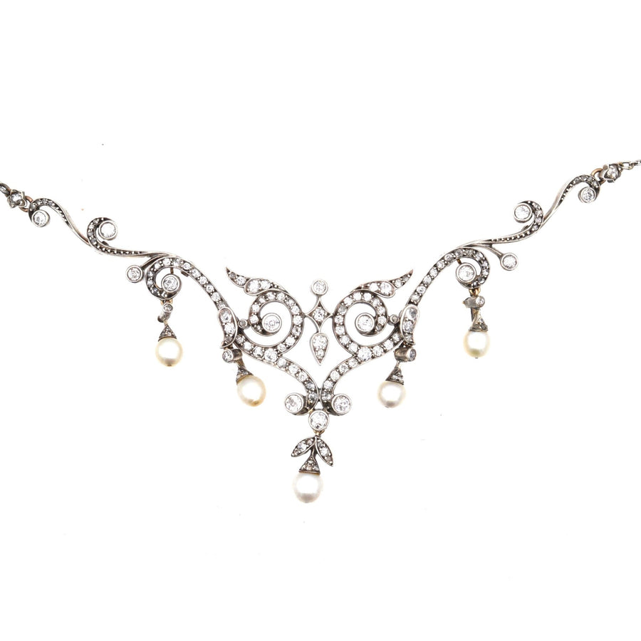 Edwardian 15ct Gold & Platinum, Natural Pearl & Diamond Necklace in Original Case | Parkin and Gerrish | Antique & Vintage Jewellery