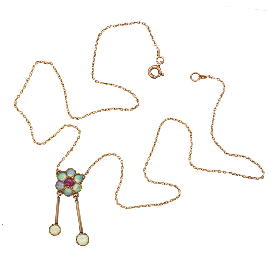 Edwardian 15ct gold pendant with ruby and opal cluster drops, elegant antique jewelry, includes chain.