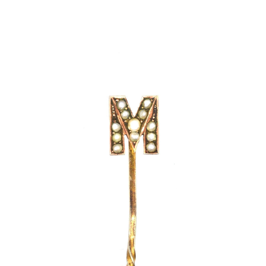 Edwardian 15ct gold tie pin with seed pearls shaped like letter 'M', ideal for stylish accessories.