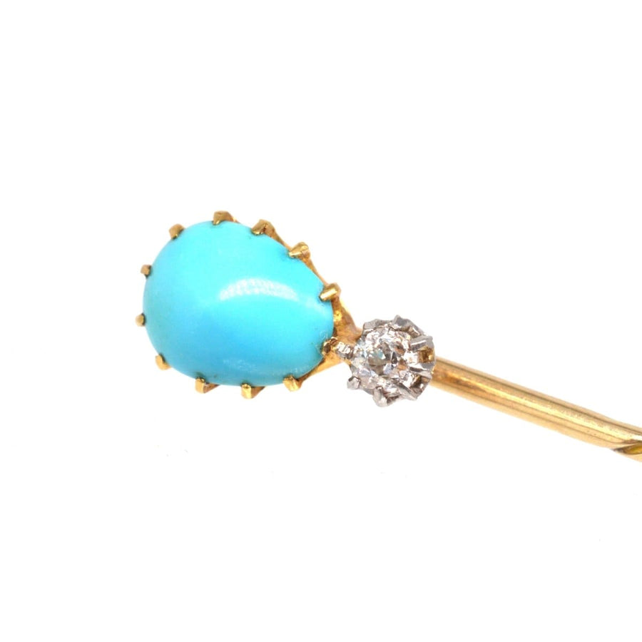 Edwardian gold tie pin featuring pear-shaped cabochon turquoise and diamond accent.
