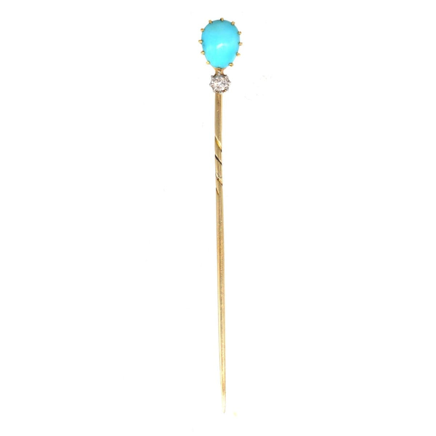 Edwardian 15ct gold tie pin featuring pear-shaped turquoise and diamond accent, early 20th-century vintage jewelry.