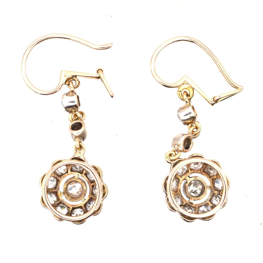 Edwardian 18ct gold diamond cluster drop earrings, vintage style, elegant and wearable jewelry, classic design.