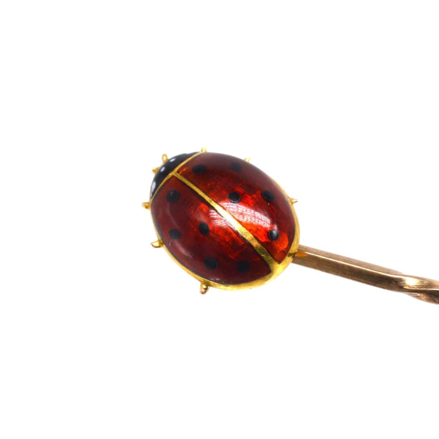 Edwardian 18ct gold and red enamel ladybird bug tie pin, symbolizing good luck and perfect for a groom.