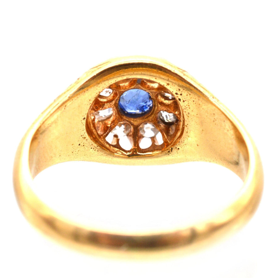 Edwardian 18ct gold ring with sapphire and old mine cut diamonds, engraved shank design.