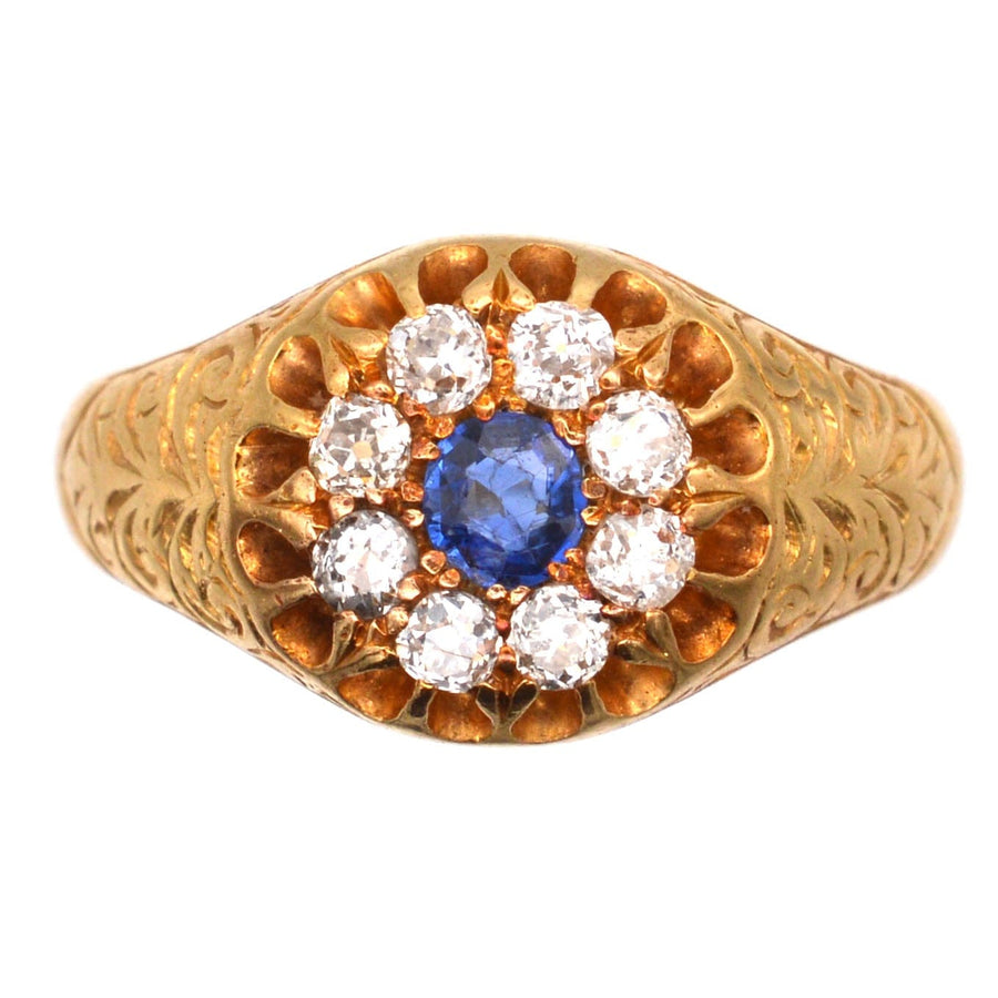 Edwardian 18ct gold cluster ring with sapphire and old mine cut diamonds, beautifully engraved shank.