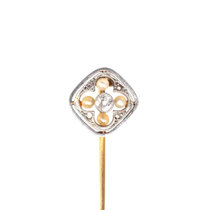 Edwardian 18ct Gold & Platinum, Pearl and Diamond Tie Pin