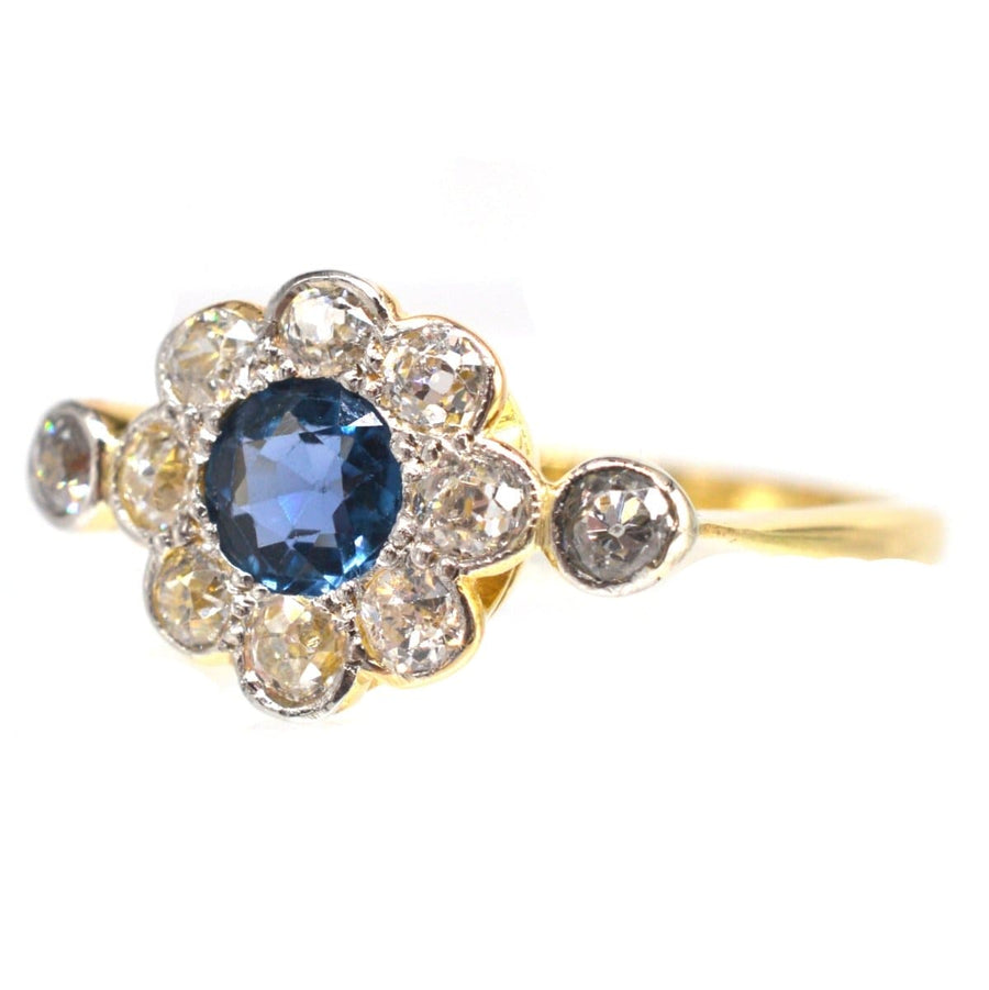 Elegant Edwardian 18ct gold & platinum ring featuring a sapphire diamond cluster, perfect for engagements or September birthdays.
