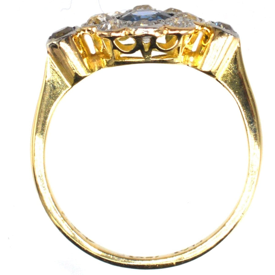 Edwardian 18ct gold and platinum sapphire and diamond cluster ring, showcasing elegant design and low profile.
