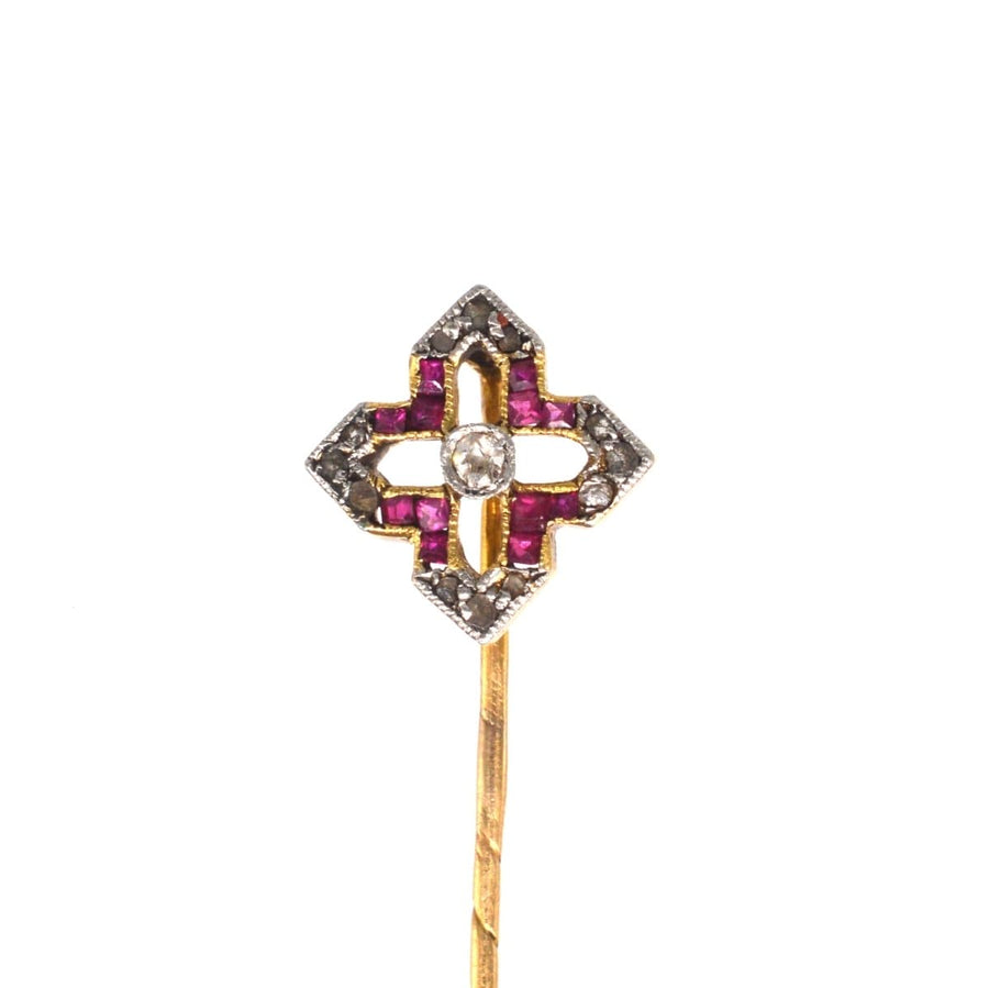 Edwardian 18ct gold tie pin featuring rubies and diamonds in a star design, perfect for silk ties.