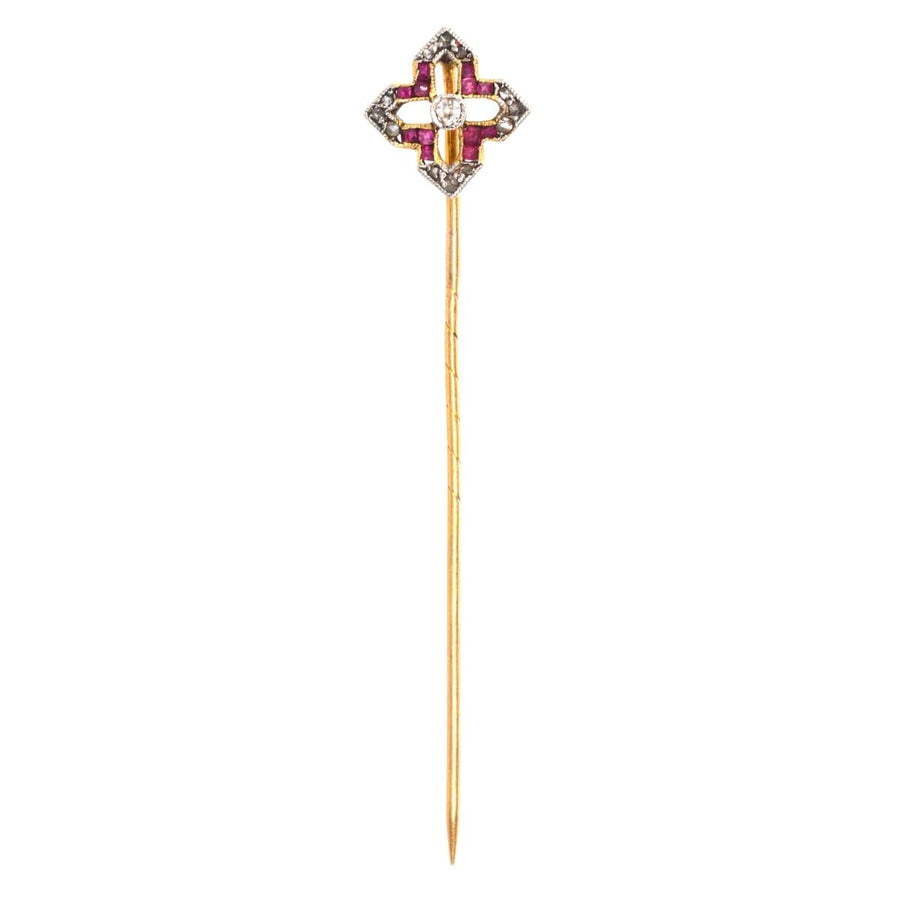 Edwardian 18ct gold tie pin featuring rubies and diamonds in a beautiful star design, ideal for colorful silk ties.