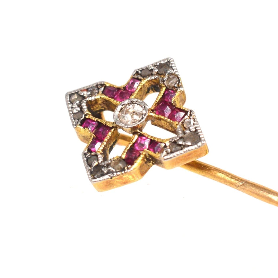 Edwardian 18ct gold tie pin featuring rubies and diamonds in a star design, perfect for silk ties.