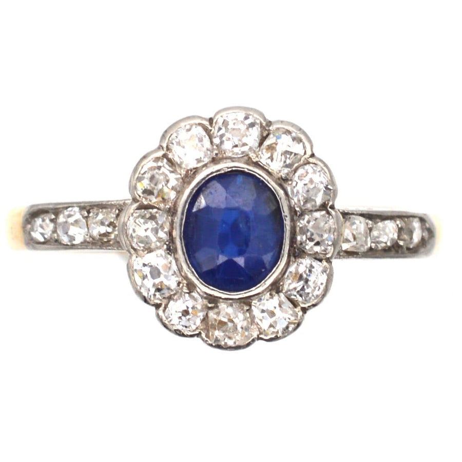 Edwardian 18ct Gold, Sapphire & Diamond Cluster Ring with Diamond Shoulders | Parkin and Gerrish | Antique & Vintage Jewellery