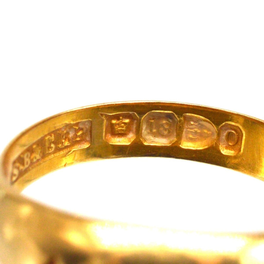 Close-up of hallmark details on Edwardian 18ct gold gypsy ring, marked for Chester 1897 by S Blanckensee & Son Ltd.