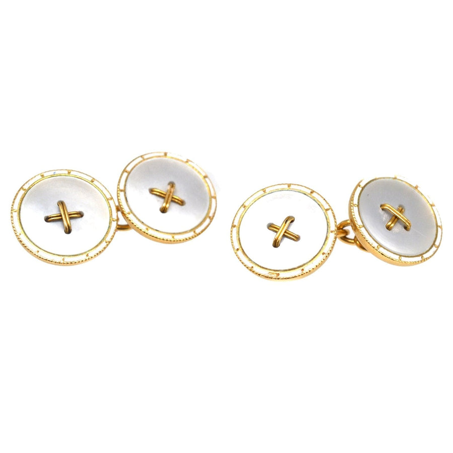 Edwardian 18ct gold cufflinks with white enamel and mother of pearl detail, perfect for formal attire.