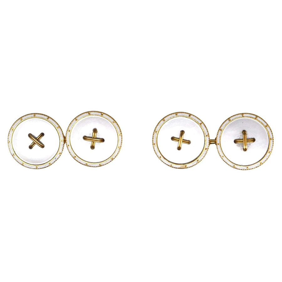 Edwardian 18ct gold cufflinks with white enamel and mother of pearl finish, showcasing classic round button design.