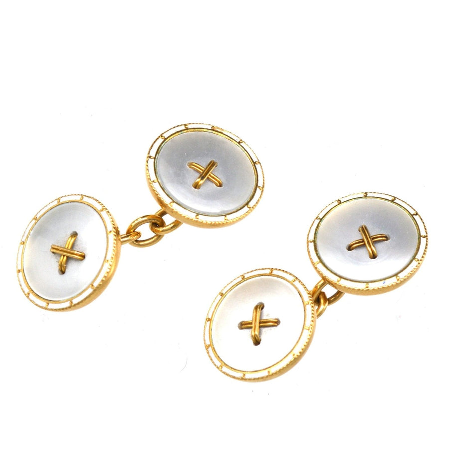 Edwardian 18ct gold cufflinks with white enamel and mother of pearl round buttons, elegant and rare accessory.