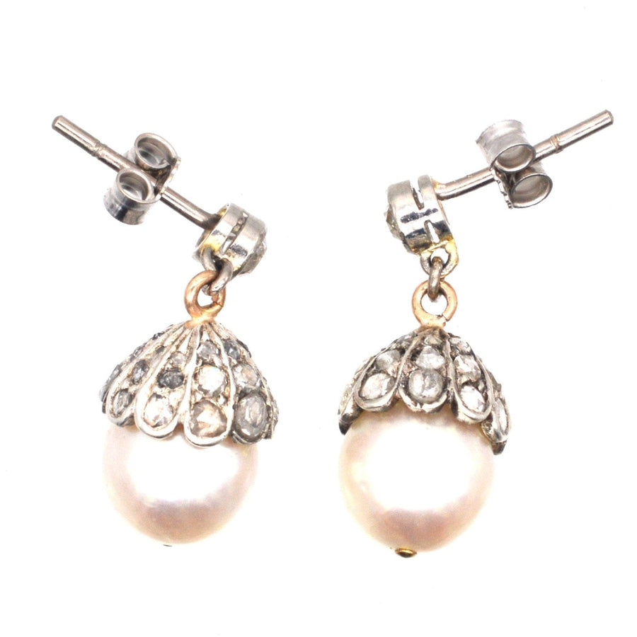 Edwardian 18ct white gold earrings featuring cultured pearls and rose diamonds, elegant jewelry for any collection.