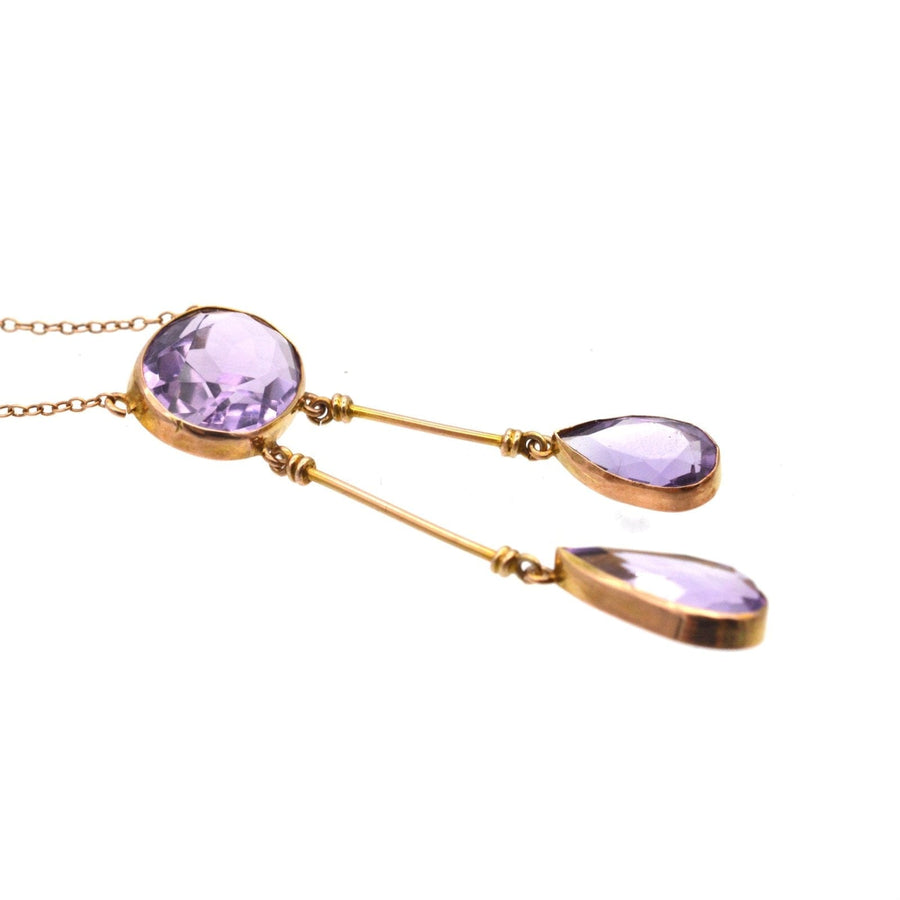 Edwardian 9ct gold amethyst double drop lavalliere necklace with elegant stone drops.