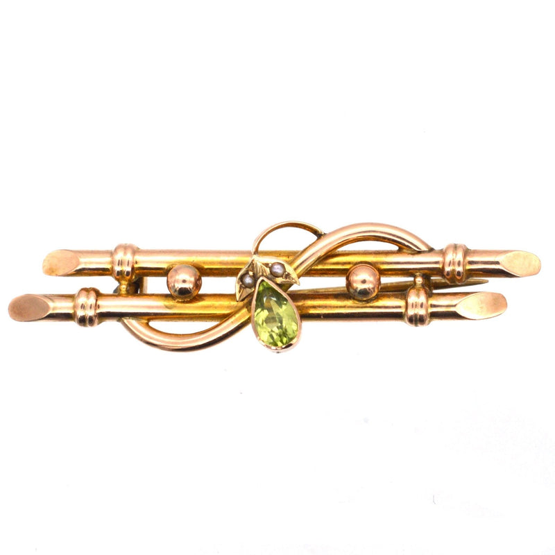 Edwardian 9ct Gold Bar Brooch with a Pear Shape Peridot & Seed Pearls
