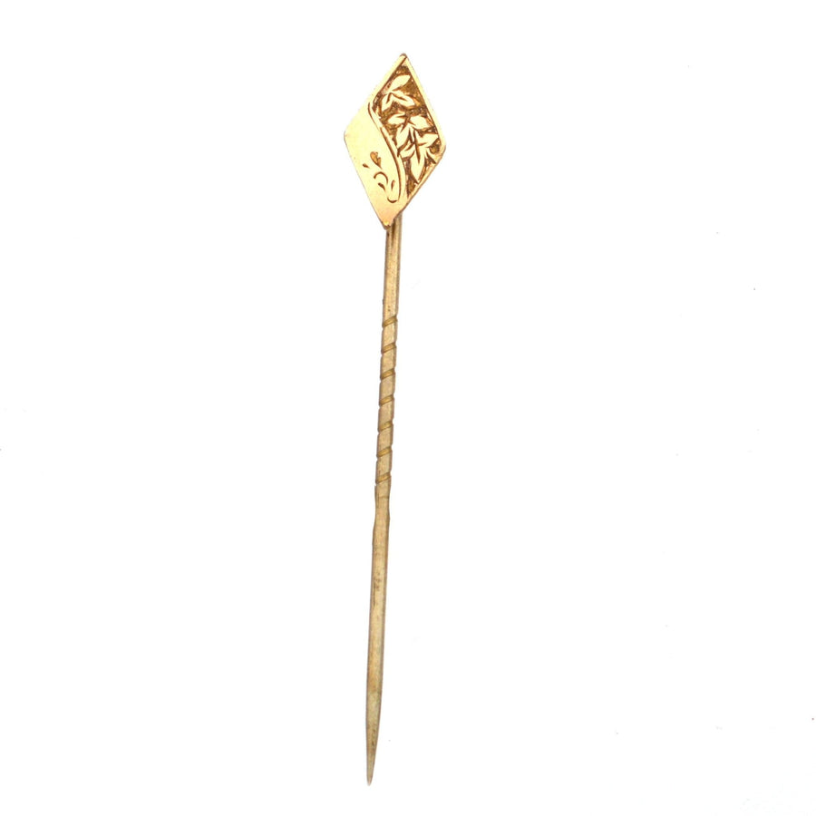 Elegant Edwardian 9ct gold engraved diamond-shaped tie pin, perfect for colorful ties and lapels.